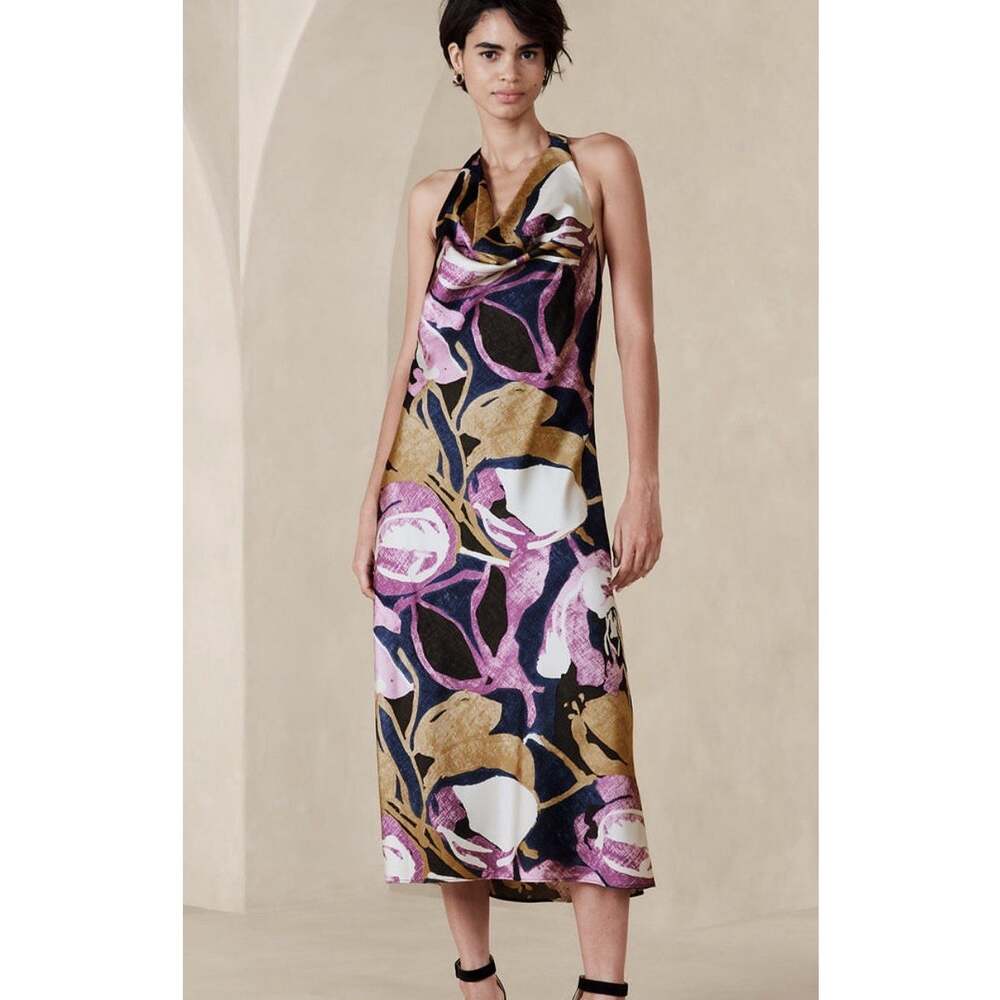 Banana Republic Satin Halter Midi Dress Purple Blue Floral Cowl Neck Size Large